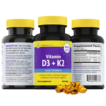 InnovixLabs Vitamin D3 K2-5000 IU Vitamin D3 Plus 600 mcg Vitamin K2 MK4 and MK7 for Max Calcium Absorption, Supports Bone, Immune, Heart Health