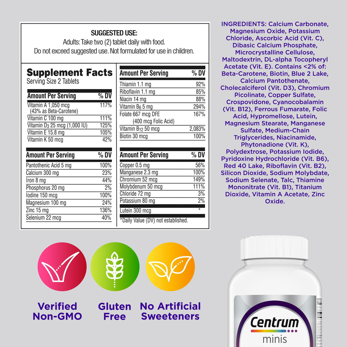 Centrum Minis Silver Women's Multivitamin for Women 50 Plus, Multimineral Supplement with Vitamin D3, B Vitamins, Non-GMO Ingredients