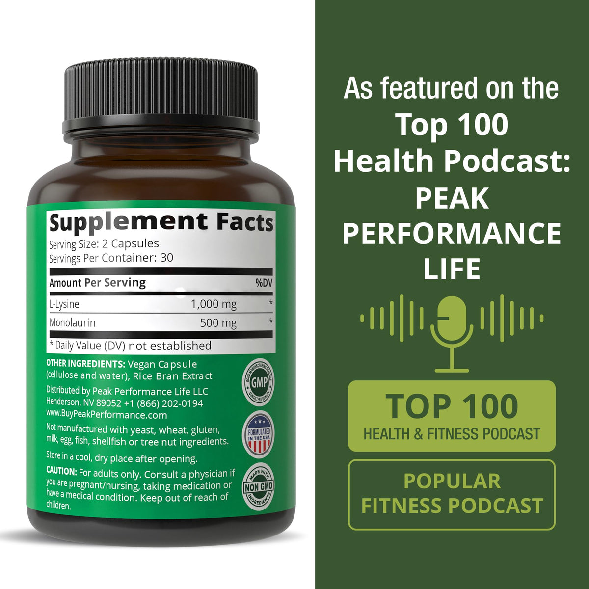 Peak Performance L Lysine 1000mg + Monolaurin 500mg High Potency Supplement for Lips, Skin, & Immune Support - L-Lysine 2-in-1 Bioavailable Supplements