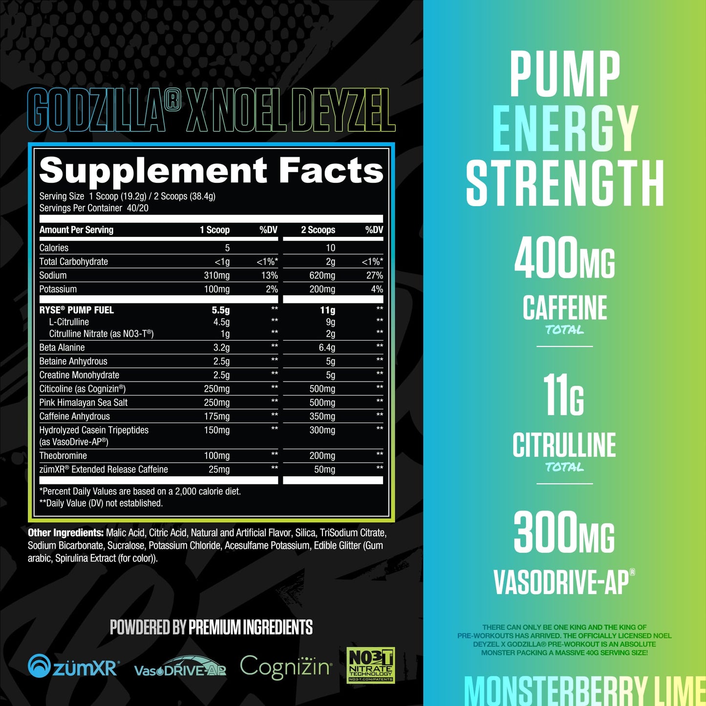 RYSE Godzilla X Noel Deyzel Pre Workout Powder - Monsterberry Lime - 400mg Caffeine, High Stim Pre-Workout for Men & Women with Citrulline & Beta Alanine - Energy, Pump & Focus - 20/40 Servings