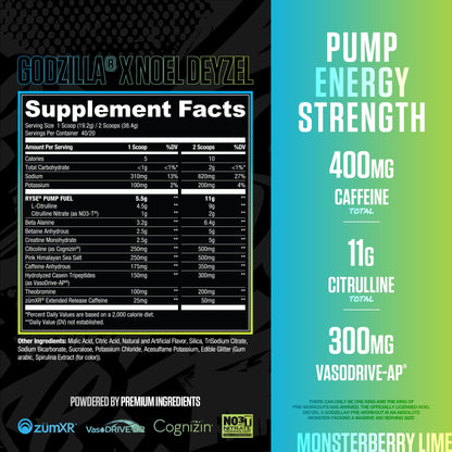 RYSE Godzilla X Noel Deyzel Pre Workout Powder - Monsterberry Lime - 400mg Caffeine, High Stim Pre-Workout for Men & Women with Citrulline & Beta Alanine - Energy, Pump & Focus - 20/40 Servings