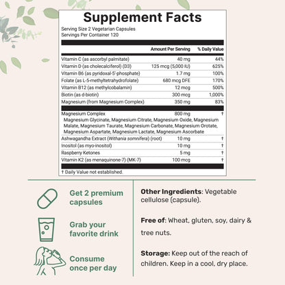 Magnesium Complex for Women, 240 Vegetarian Capsules | 20-in-1 Formula - Magnesium Blend with Vitamin D3, K2, Ashwagandha & More | Filler Free, Non-GMO Micro Ingredients buy supplements Au