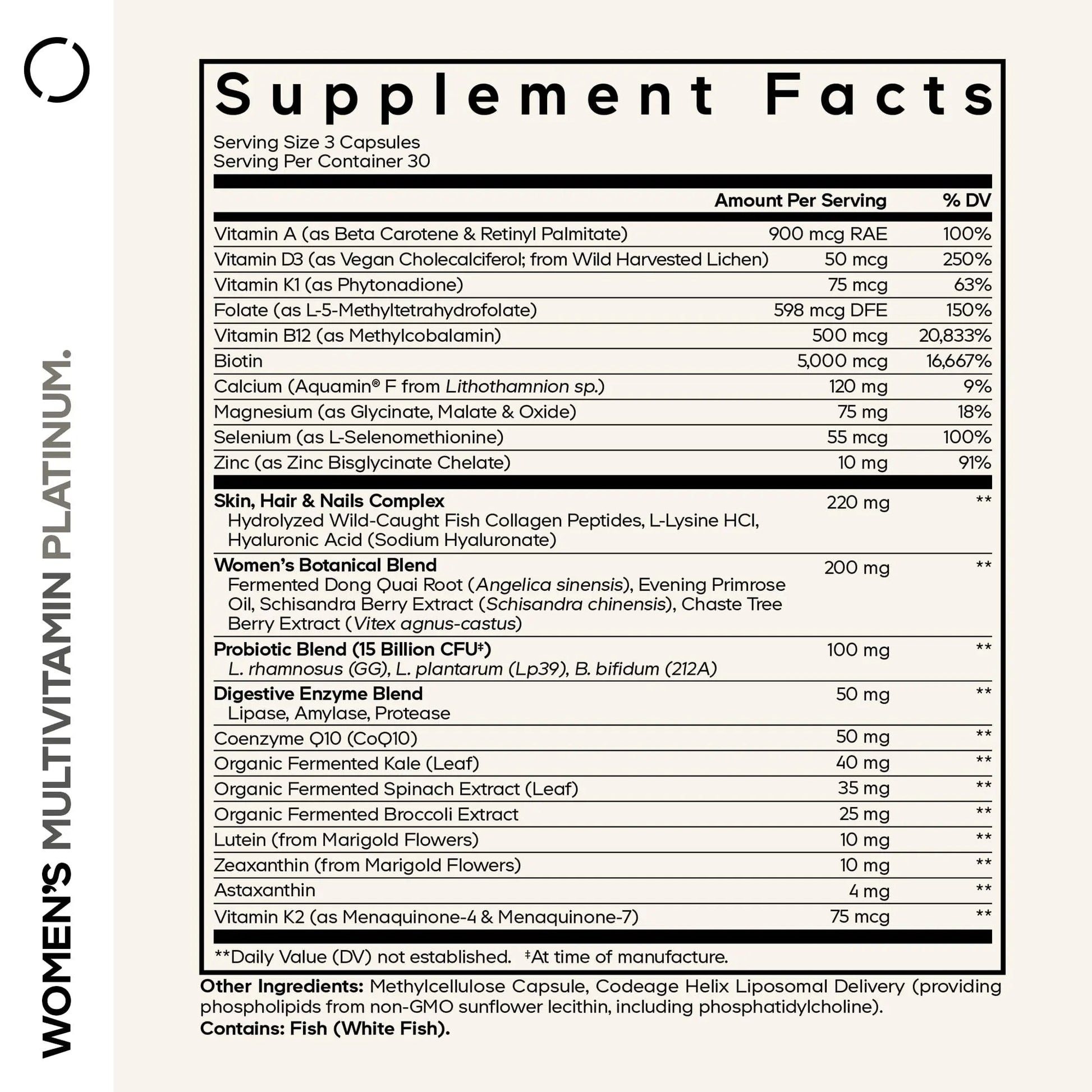 Codeage Women’s Multivitamin Platinum - Vitamins A D3 K1 K2 B12 & Minerals, CoQ10, Skin, Hair & Nails Complex, Collagen, Botanicals, Probiotics Codeage
