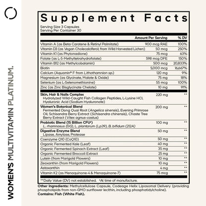 Codeage Women’s Multivitamin Platinum - Vitamins A D3 K1 K2 B12 & Minerals, CoQ10, Skin, Hair & Nails Complex, Collagen, Botanicals, Probiotics Codeage
