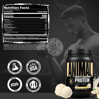 Animal Whey Isolate Protein Powder - Loaded for Pre & Post Workout Muscle Builder and Recovery with Digestive Enzymes for Men & Women - 25g Protein, Great Taste, Low Sugar - Vanilla 2 lbs