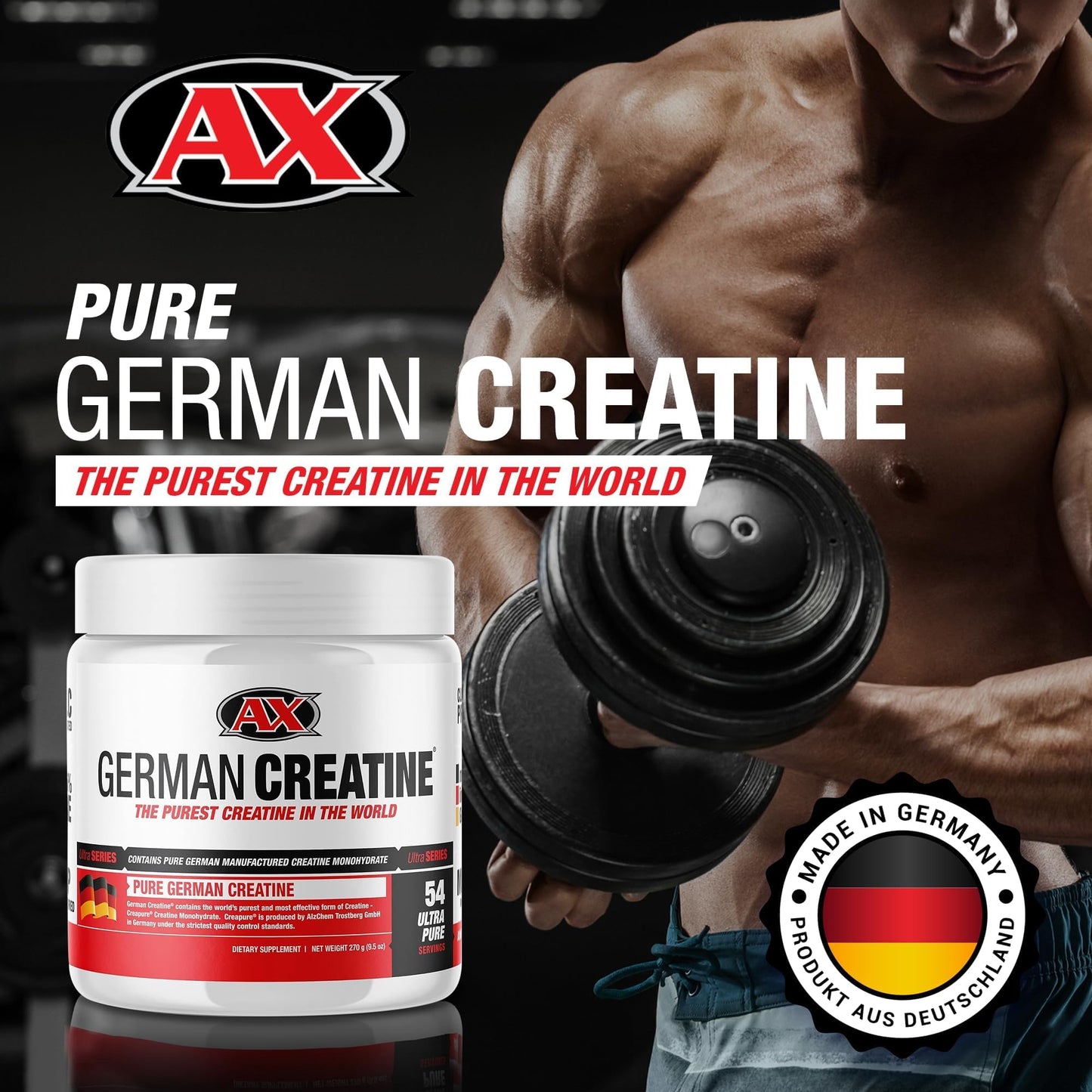 German Creatine - Micronized Creatine Monohydrate Powder, 99.99% Pure Creapure for Muscle Growth, Strength & Performance, Supports Muscle Recovery, 3rd Party Tested