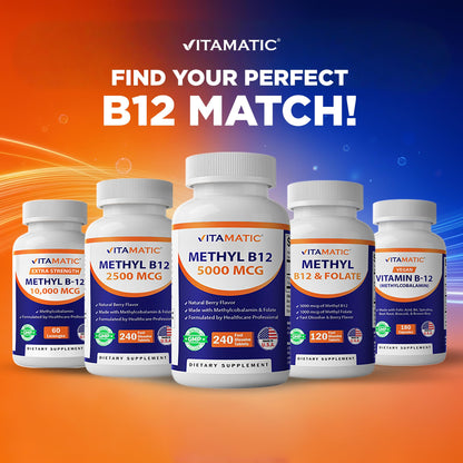 Vitamatic Vitamin B12 5000 mcg – 365 Fast Dissolve Tablets Berry Flavor – Supports Energy Production & Nervous System Health