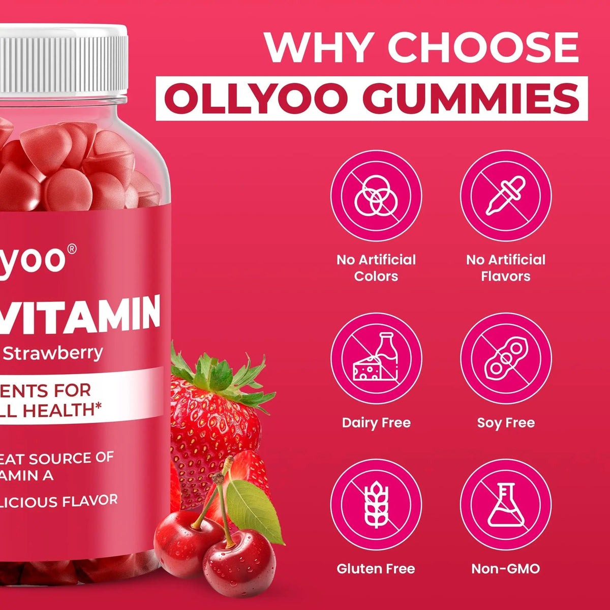 Ollyoo Multivitamin Gummies for Adults | Cherry & Strawberry Flavor | Great Source of Vitamin A & Essential Nutrients | Ollyoo