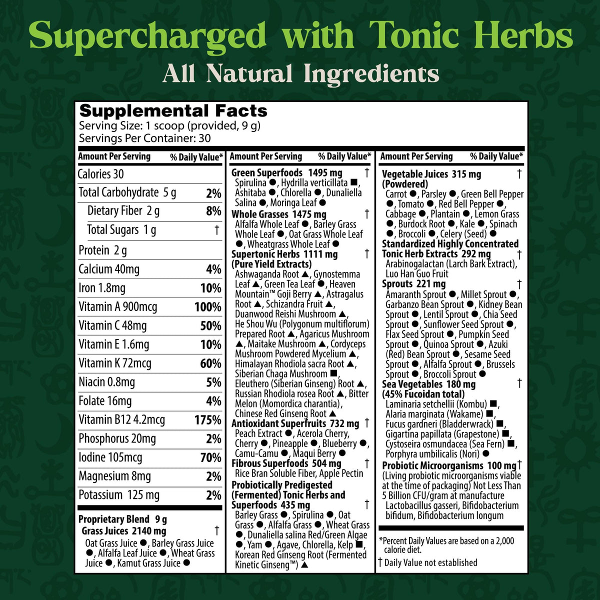 Dragon Herbs Tonic Alchemy Superfood Greens Powder with 91 Ingredients: Tonic Herbs, Ashwagandha, Mushrooms, Probiotics, Super Greens, Seaweeds, Fruits, Vegetables, Spirulina - 30 Servings Dragon HerbsBuy Supplements Australia
