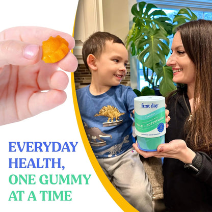 FIRST DAY Toddler Multivitamin Gummies (Ages 2-3)| Kids Multivitamin Gummies with Vitamins A C D3, B2, B12, Choline, Folate and 21 Organic Superfoods| (30 Day Supply) FIRST DAY