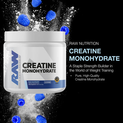 RAW Nutrition Creatine Monohydrate Powder, Blue Raspberry (30 Servings) - Micronized Creatine Monohydrate Supplement for Workout Performance, Build Muscle & Strength