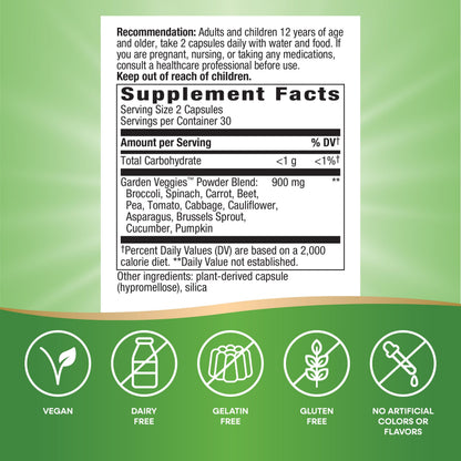 Nature’s Way Garden Veggies, Vegetable Supplement Capsules, Plant-Powered Powder Blend Made with 12 Different Vegetables, Green Superfood Veggie Blend