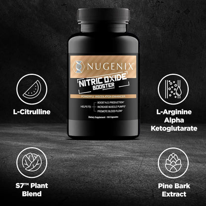 Nugenix Nitric Oxide Booster Supplement - Nitric Oxide Flow, L-Arginine, L-Citrulline, Pine Bark Extract - Vasodilator - 100 Capsules