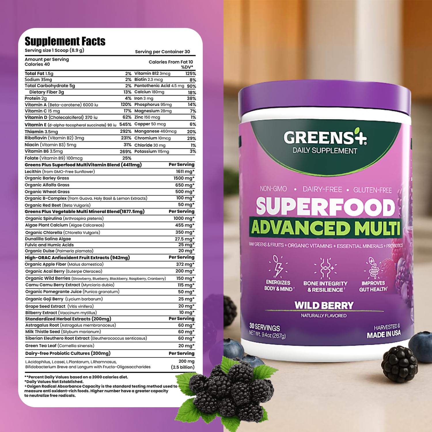 Greens+ Advanced Multi Wild Berry Superfood Powder, Organic Blend, Vegan, Non-GMO, Soy-Free, Dairy-Free, Gluten-Free, Dietary Supplement with Vitamins & Minerals, 9.4 oz Greens+ buy supplements Au