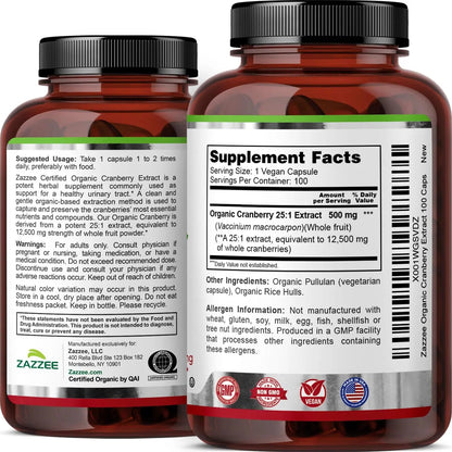 Zazzee USDA Organic Cranberry 25:1 Extract, 500 mg per Capsule, 100 Vegan Capsules, 3+ Month Supply, Certified Kosher, Vaccinium Macrocarpon, Urinary Tract & Bladder Support, Non-GMO, Made in the USA ZazzeeBuy Supplements Australia
