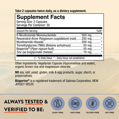 Mt. Angel Vitamins NMN Supplement + NR with Resveratrol & TMG, Dual NAD+ Precursors for Cellular Energy & Healthy Aging, 60 Capsules