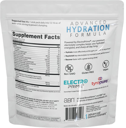 Advanced Bionutritionals Advanced Hydration Formula Electrolyte Drink Mix Powder with ElectroPrime®, L-Taurine, TyroPure™, B-Vitamins, Vitamin C – Strawberry Watermelon – 30 Stick Packs