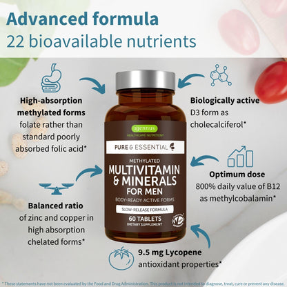 Igennus Methylated Men's Multivitamin with 22 Actives, Added Lycopene for Antioxidant Support, High Potency B12, Sustained Release,