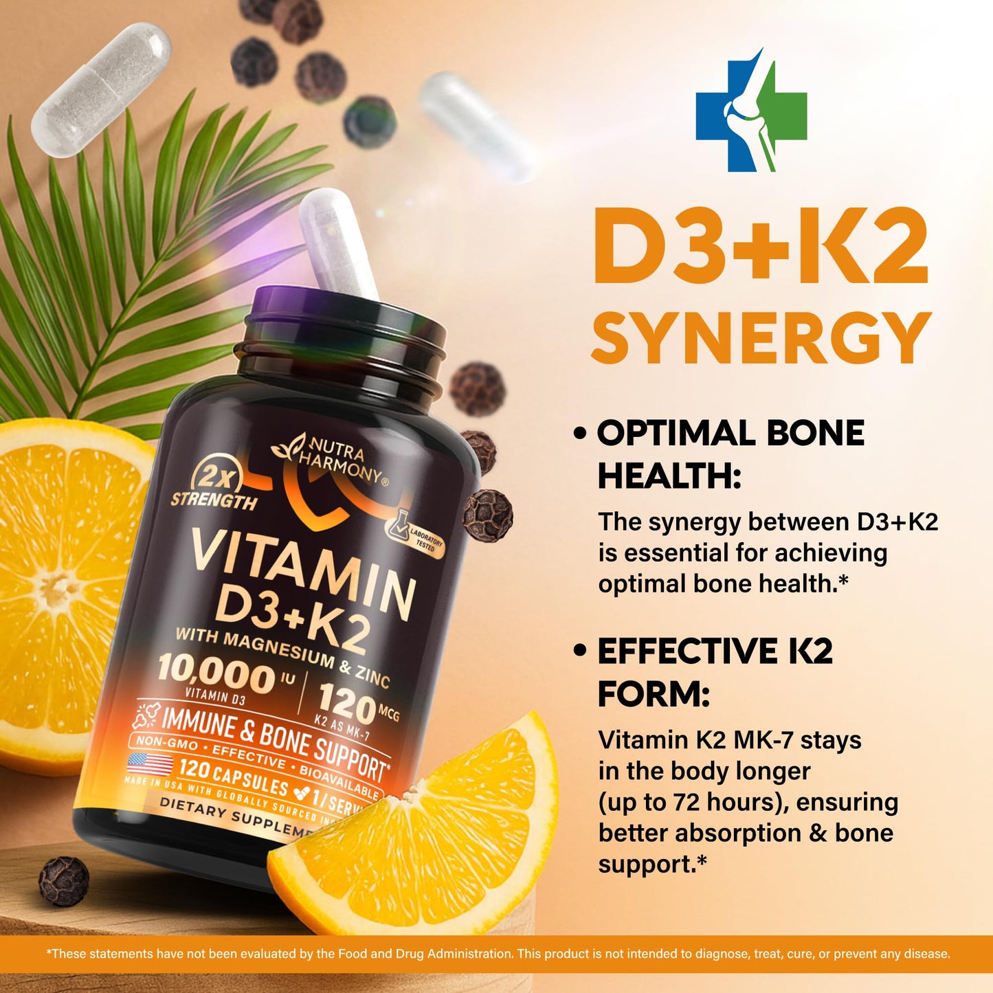 Vitamin D3 K2 - Vitamin D3 10000 iu & K2 as MK-7 120 mcg - Immune & Mood Support, for Bone & Teeth Health - with Magnesium, Zinc & Vitamin C & B12 - Highly Bioavailable - Made in USA, 120 Capsules NUTRAHARMONY buy supplements Au