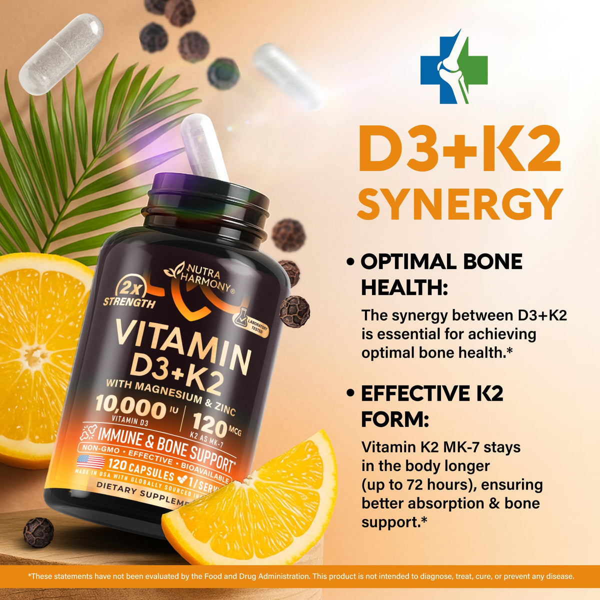 Vitamin D3 K2 - Vitamin D3 10000 iu & K2 as MK-7 120 mcg - Immune & Mood Support, for Bone & Teeth Health - with Magnesium, Zinc & Vitamin C & B12 - Highly Bioavailable - Made in USA, 120 Capsules NUTRAHARMONY buy supplements Au