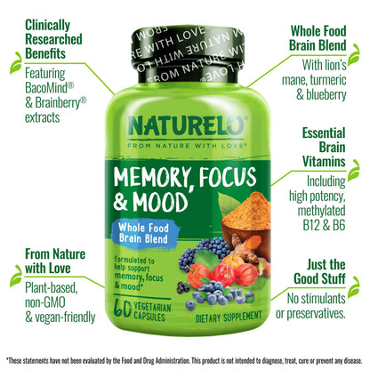 NATURELO Whole Food Brain Supplement - Brain Health Supplements for Memory & Focus Support - Enhance Brain Health Blend Supplement for Adults - 60 Vegetarian Capsules NATURELOBuy Supplements Australia
