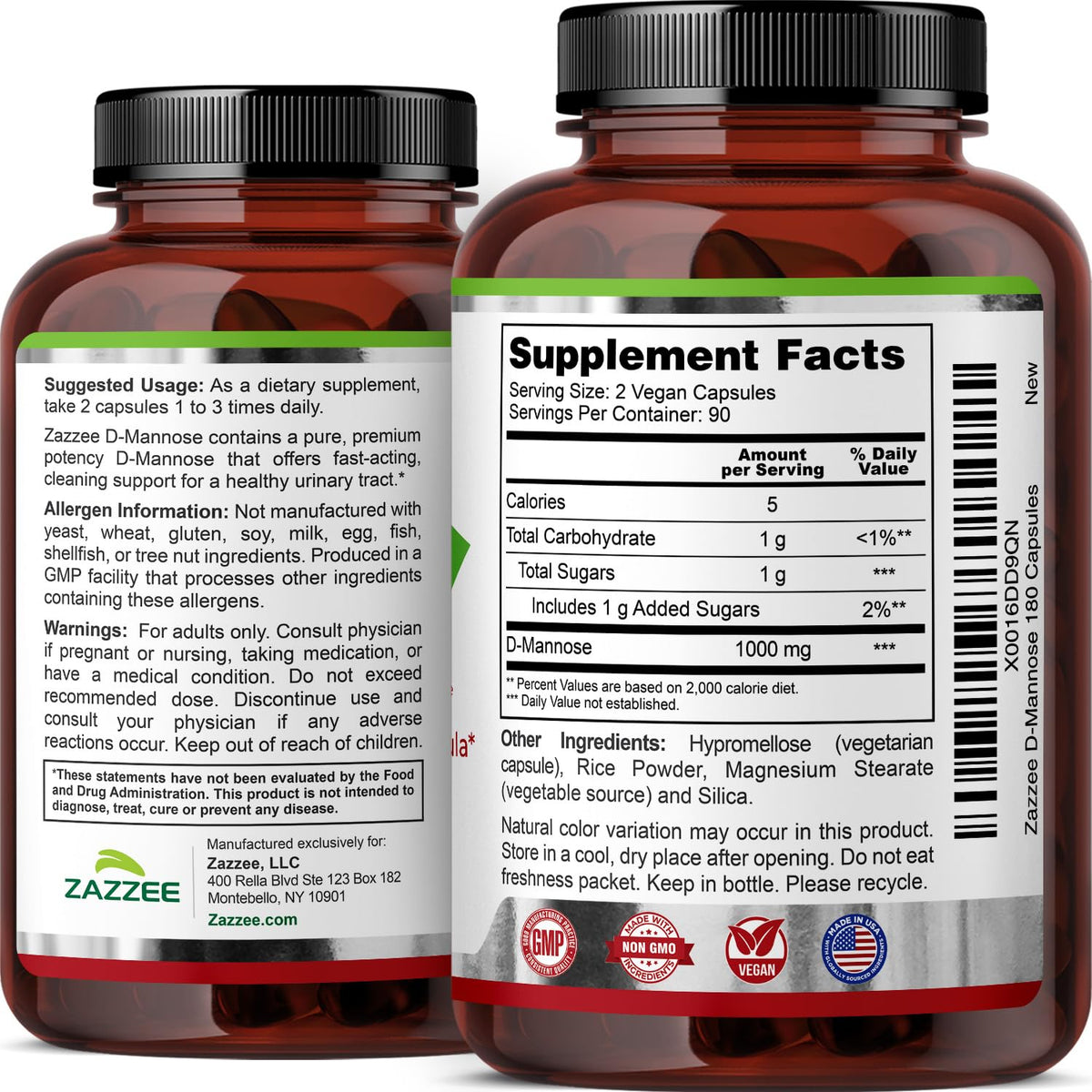 Zazzee D-Mannose, 1000 mg per Serving, 180 Vegan Capsules, 3 Month Supply, Potent & Fast-Acting, Certified Kosher, 100% Pure, All-Natural Urinary Tract Health Support, 100% Vegetarian, Non-GMO ZazzeeBuy Supplements Australia
