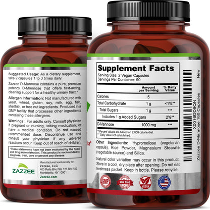 Zazzee D-Mannose, 1000 mg per Serving, 180 Vegan Capsules, 3 Month Supply, Potent & Fast-Acting, Certified Kosher, 100% Pure, All-Natural Urinary Tract Health Support, 100% Vegetarian, Non-GMO ZazzeeBuy Supplements Australia