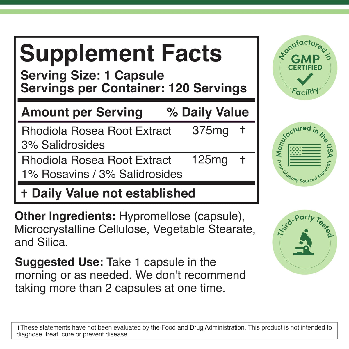 Rhodiola Rosea Supplement 500mg, 120 Vegan Capsules (Third Party Test, Gluten Free, 3% Salidrosides, 1% Rosavins Extract) for Performance,