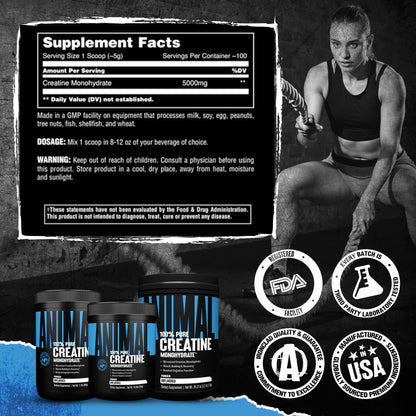 Animal Creatine Monohydrate Powder - Micronized Creatine for Women and Men, Supports Muscle Growth, Strength, Endurance, Recovery and ATP Production,