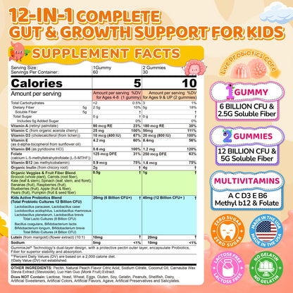 Kids Probiotic + Prebiotic Fiber Gummies 5G, 12 Billion CFU Probiotic & Veggie Fruit Fiber, w/ Organic Inulin, Methyl B12 B6 D3 C, Lutein for Children's Digestive & Gut,