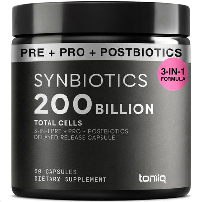 Toniiq Prebiotics and Probiotics – 200B CFU Synbiotic with Postbiotics IMMUSE® & ButyraGen® – 30 Strains for Gut & Digestive Health – Shelf-Stable