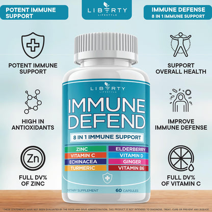 8 in 1 Immune Defense Support, Immunity Vitamins Supplement Booster Zinc 50mg, Vitamin C Elderberry VIT D3 5000 IU, Turmeric Curcumin & Ginger