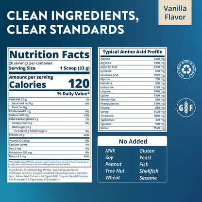 MRM Nutrition Egg White Protein - Sugar Free Vanilla Flavored Powder, 23g Fat-Free Protein with Digestive Enzymes, Free of Dairy, Gluten, and Soy, High Biological Value - 20 Servings