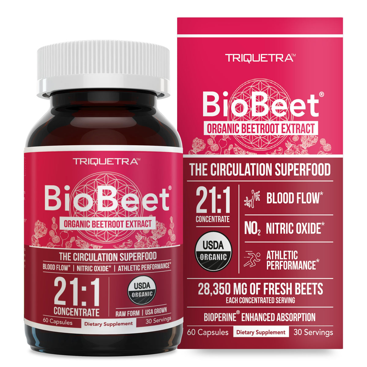 BioBeet® Max Strength Beet Root Capsules - 21:1 Concentrate, Each Serving Derived from 28,350 mg Organic Beetroot - Absorption Enhancement