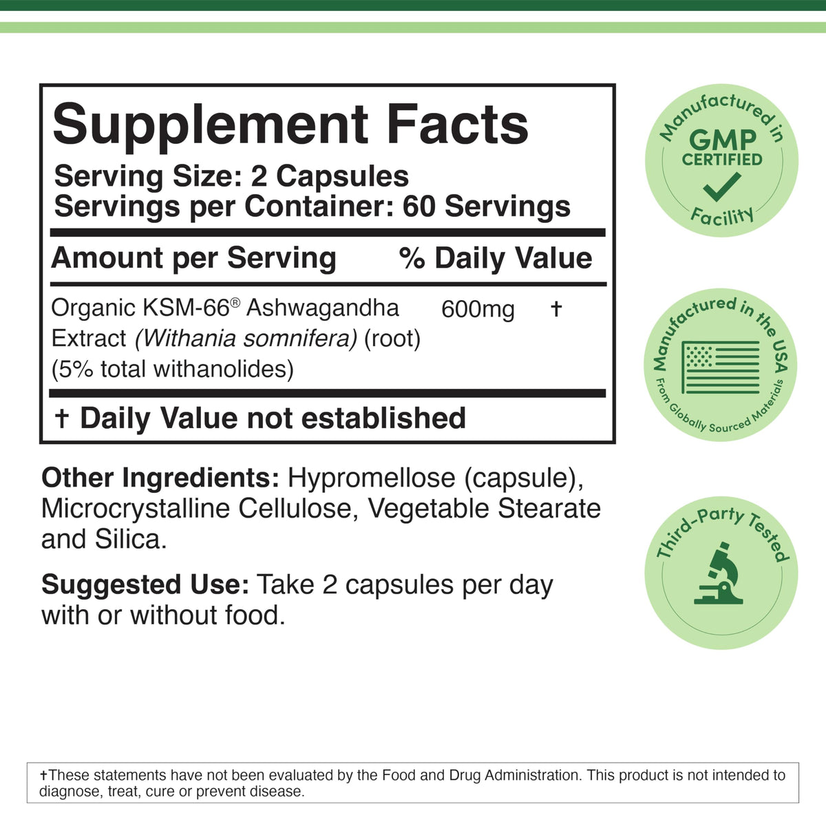 Double Wood Supplements Ashwagandha KSM 66 Organic and Clinically Studied Extract (600mg Per Serving, 120 Capsules, 60 Servings)