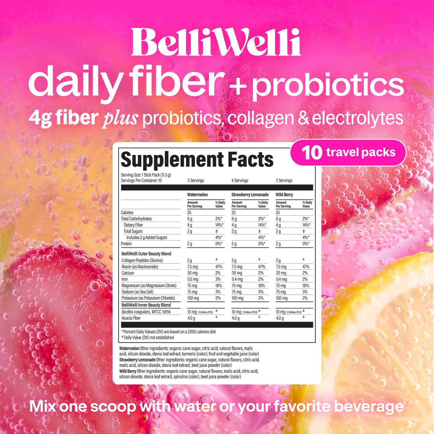 Belli Welli Daily Fiber Supplement Packets with Collagen, Probiotics & Electrolytes | Single Serve Packets for Gut Health