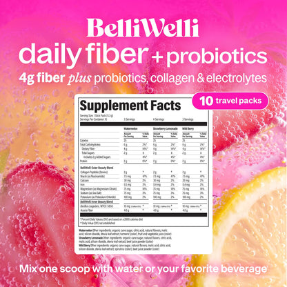 Belli Welli Daily Fiber Supplement Packets with Collagen, Probiotics & Electrolytes | Single Serve Packets for Gut Health