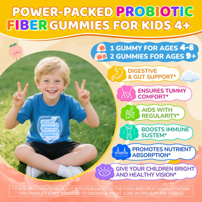 Kids Probiotic + Prebiotic Fiber Gummies 5G, 12 Billion CFU Probiotic & Veggie Fruit Fiber, w/ Organic Inulin, Methyl B12 B6 D3 C, Lutein for Children's Digestive & Gut,