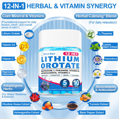 12-in-1 Lithium Orotate 5mg 10mg with Ashwagandha & L-Theanine, Lithium Orotate for Mood, Calm, Cognitive & Brain, High Bioavailability Trace Mineral, Lemon Balm