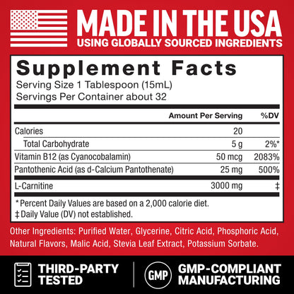 Force Factor L-Carnitine Liquid 3000mg, Maximum Strength Supplement to Support Fat Metabolism, Cellular Energy & Muscle Recovery, High Absorbing