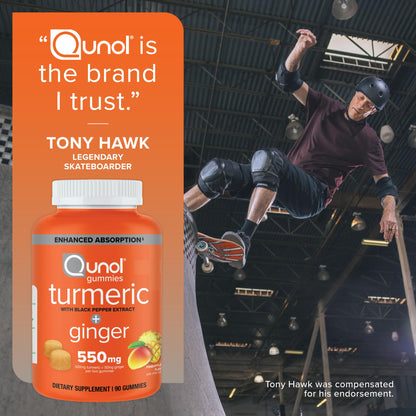 Qunol Turmeric and Ginger with Black Pepper Gummies, Turmeric Curcumin Supplement, Joint Health Support Gummy, 90ct Gummies