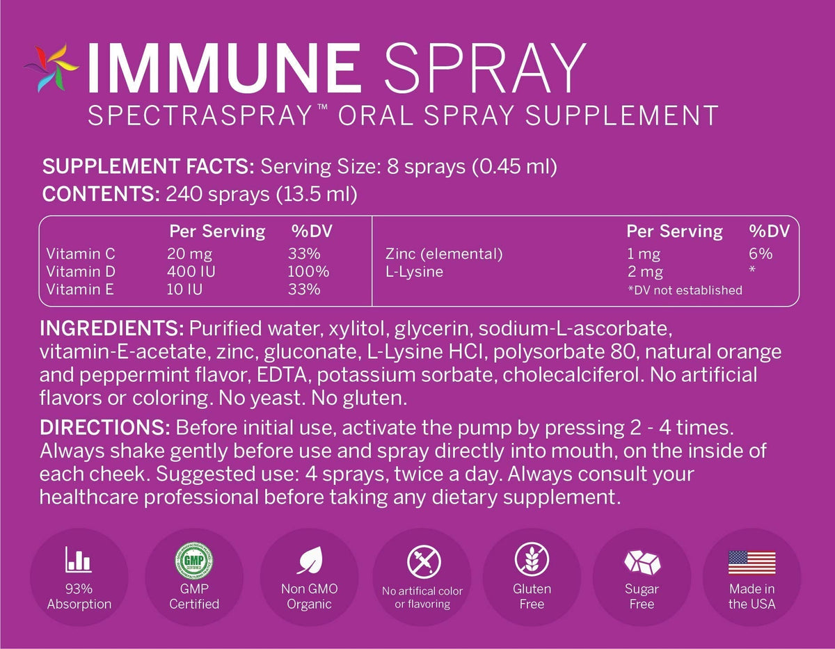 Spectraspray Immune Support Vitamin Spray - Vitamins C, E, Zinc and L-Lysine, 30 Day Supply per Spray Spectraspray buy supplements Au