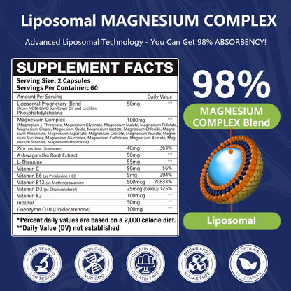 29-in-1 Liposomal 18 Active Types Magnesium Complex 1400MG Capsule,L-Threonate Glycinate Malate etc,Mild & Efficient,Extra Vitamin B6 B12 D3K2 & CoQ10, Relaxation Nerve* & Hert* Support Oakevlp buy supplements Au