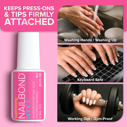 Super Strong Nail Glue for Press On Nails, Nail Tips & Acrylic Nails (8ml) NYK1 NailBond Brush