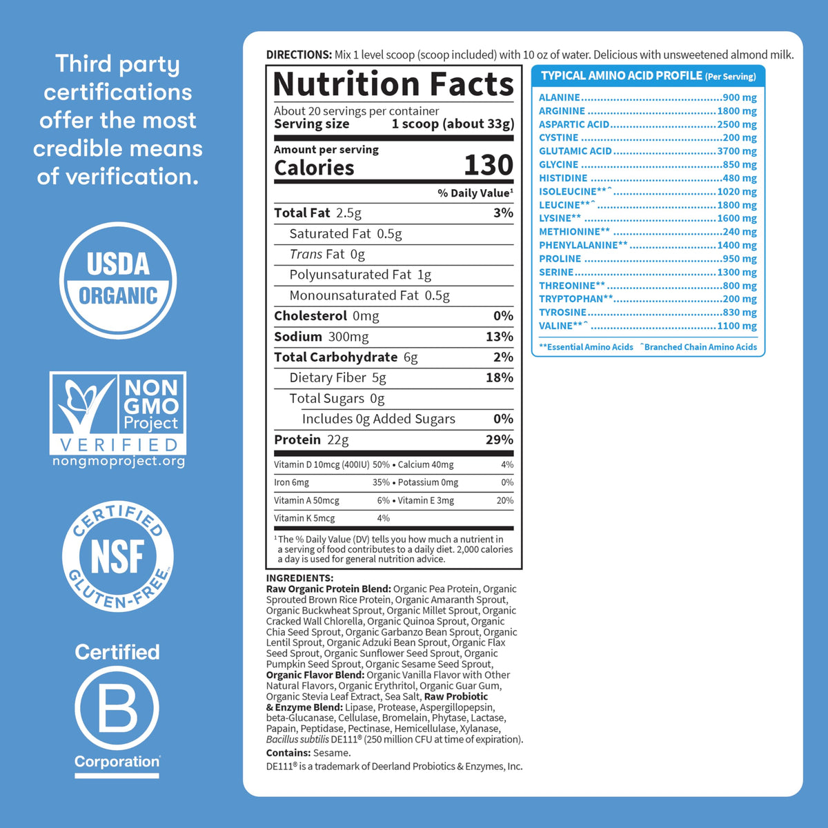 Garden Of Life Protein Powder, Vegan Protein Powder, Bcaa, Probiotics & Digestive Enzymes, Gluten & Lactose Free, Vanilla, 23.28 Ounce