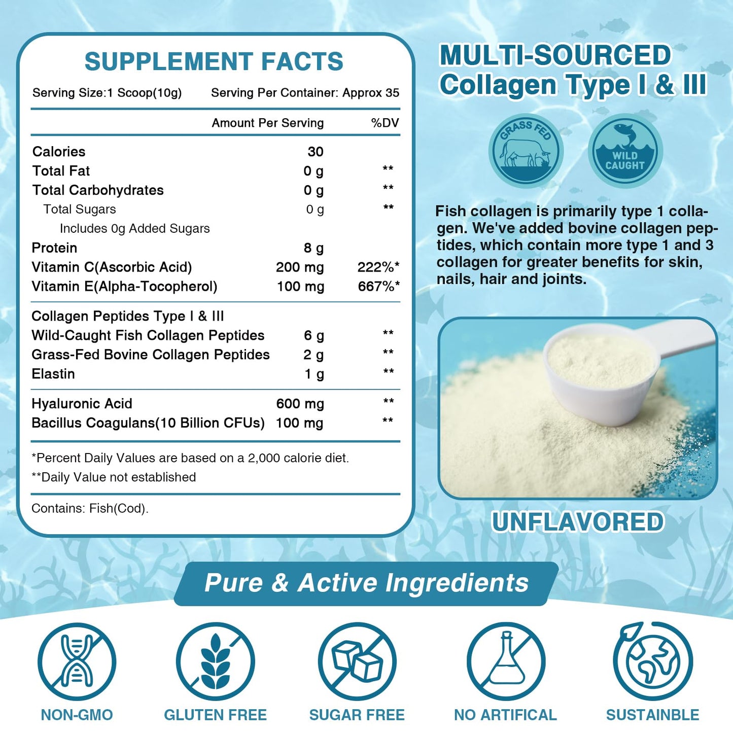 NATURE TARGET Marine Collagen Peptides Powder - Type I & III Collagen with Probiotics, Vitamin C & Hyaluronic Acid for Skin, Hair, Nails