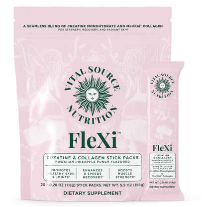 Vital Source Nutrition - Flexi - Creatine & Collagen Stick Packs - 5g Creatine Monohydrate + 1g MoriKol Collagen -Supports Strength, Recovery & Skin Health -20 Servings