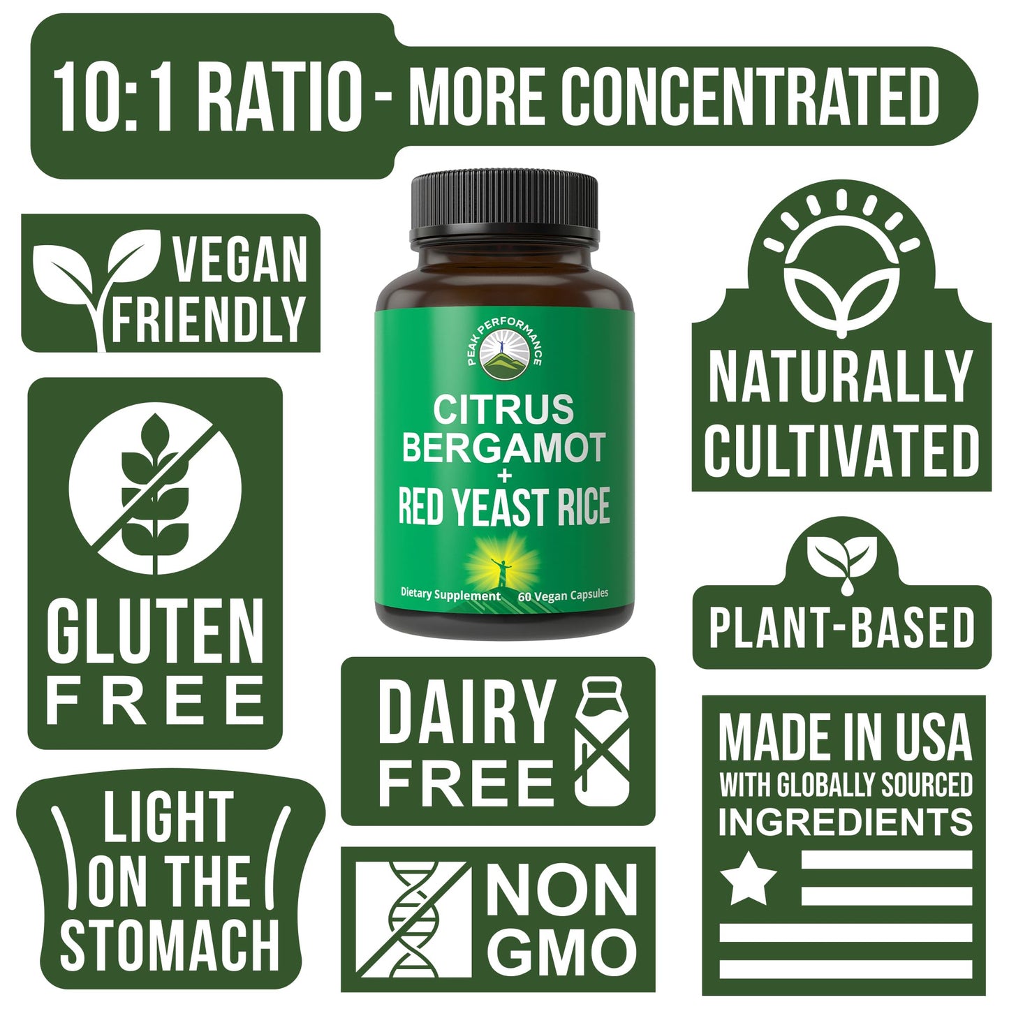 Peak Performance Citrus Bergamot + Red Yeast Rice. 2-in-1 Supplement. High Strength 10:1 Bergamot Extract. No Gluten, Zero Sugar, Vegan Capsules