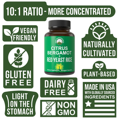 Peak Performance Citrus Bergamot + Red Yeast Rice. 2-in-1 Supplement. High Strength 10:1 Bergamot Extract. No Gluten, Zero Sugar, Vegan Capsules