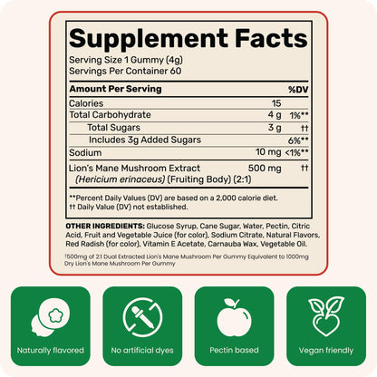 Fungies Lion's Mane Mushroom Gummies, Mixed Blueberry & Strawberry Flavor - Mushroom Supplement Gummy for Adults & Children Supports Brain Health, Cognitive Function